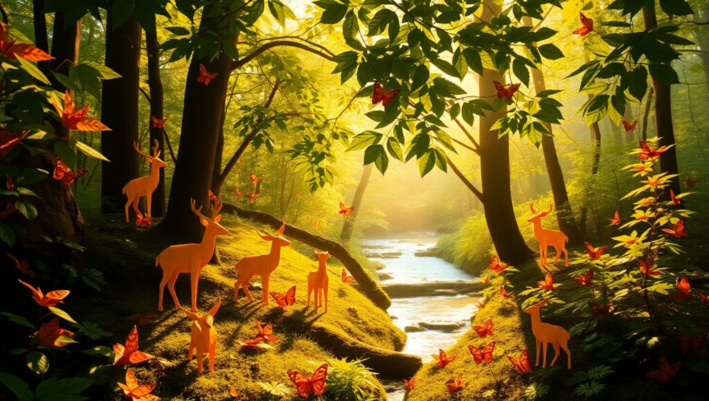 Origami Animals in a Tranquil Forest – free AI stock image
