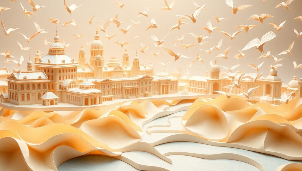 Origami Cityscape at Sunset – free AI stock image