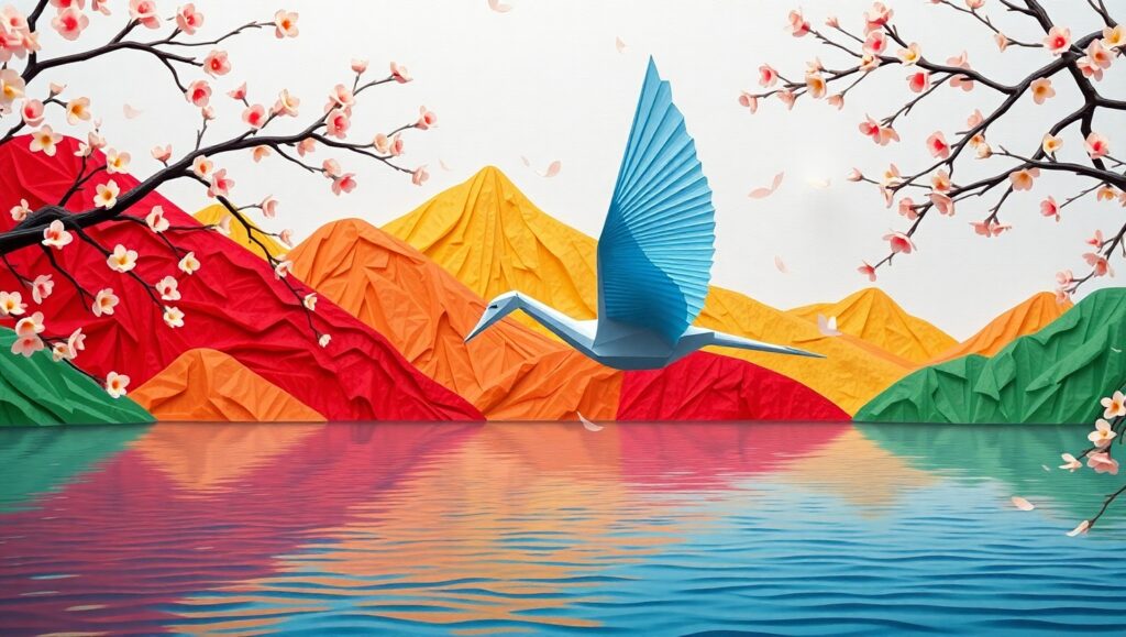 Origami Crane Over Lake Serenity – free AI stock image