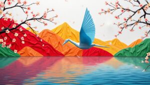 Origami Crane Over Lake Serenity – free AI stock image