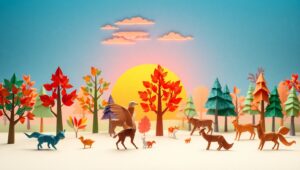Origami Forest at Sunset – free AI stock image