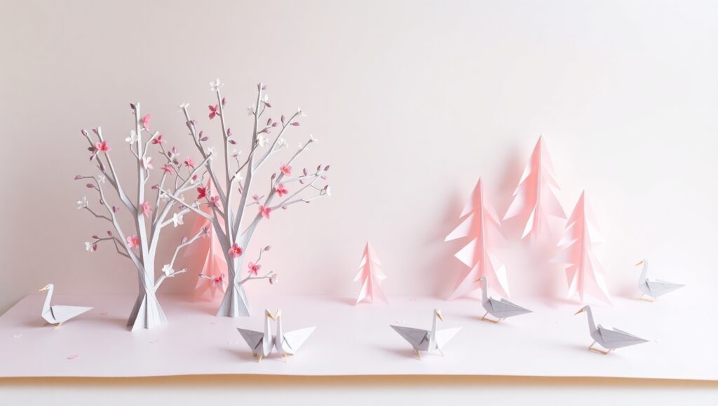 Origami Forest with Cranes and Flowers – free AI stock image