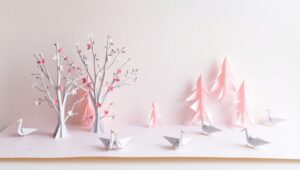 Origami Forest with Cranes and Flowers – free AI stock image