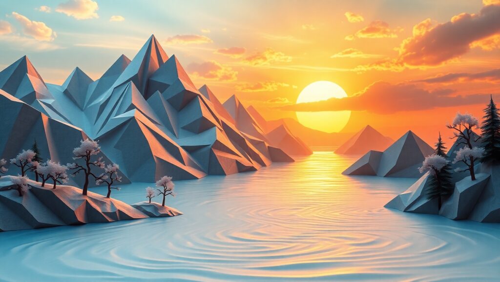 Origami Mountains Under Golden Sunset – free AI stock image