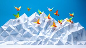 Origami Paradise: Mountains and Waterfall – free AI stock image