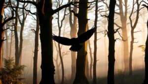 Owl in Flight Among Trees – free AI stock image