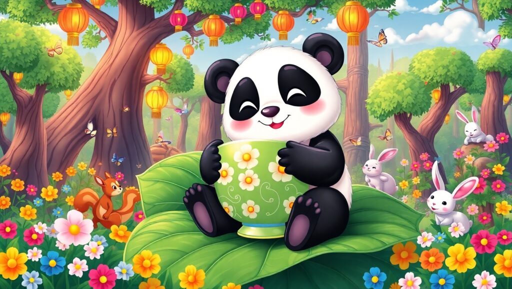 Panda’s Cozy Tea Time in Nature – free AI stock image