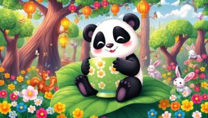 Panda’s Cozy Tea Time in Nature – free AI stock image