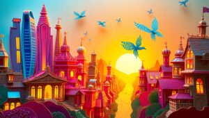 Papercraft Fantasy City at Sunset – free AI stock image