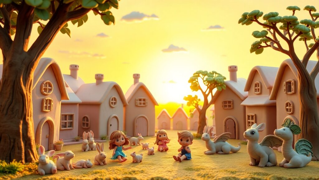Pastel Clay Village at Sunset – free AI stock image