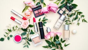 Pastel Cosmetic Flatlay Adventure – free AI stock image
