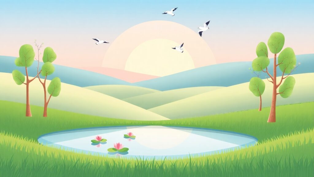 Pastel Hills and Reflective Pond – free AI stock image
