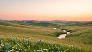 Pastel Meadow at Sunset – free AI stock image