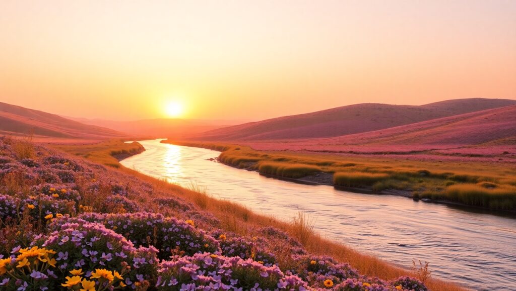 Pastel River Through Blooming Valley – free AI stock image