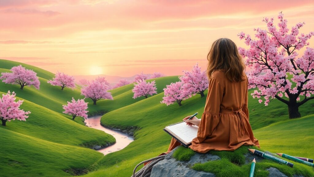 Pastel Sunset Over Cherry Blossoms – free AI stock image