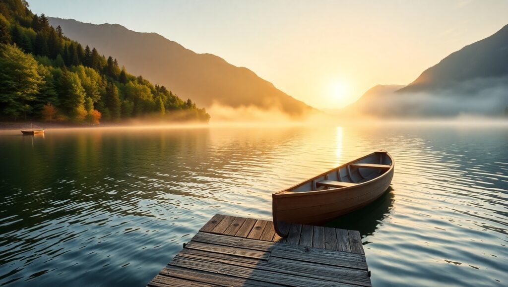 Peaceful Morning at Mountain Lake – free AI stock image