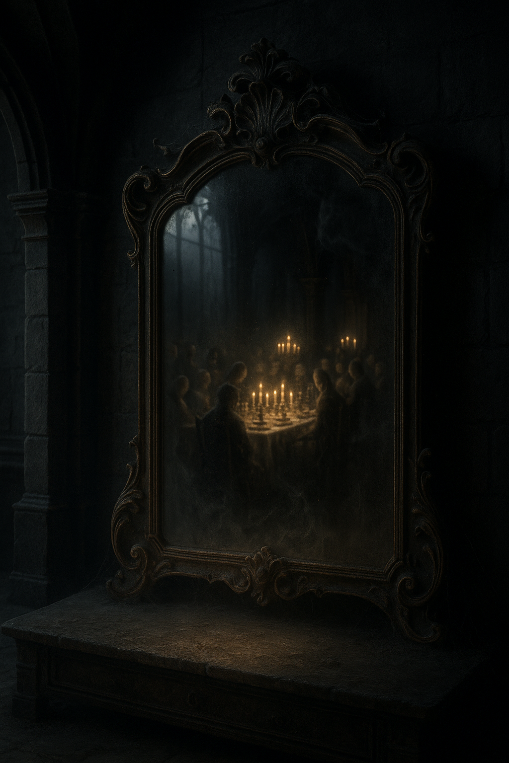 Dusty antique mirror reflecting a ghostly banquet