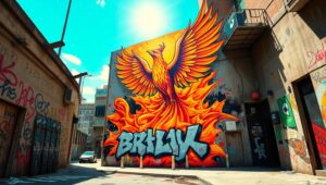 Phoenix Graffiti in Urban Landscape – free AI stock image