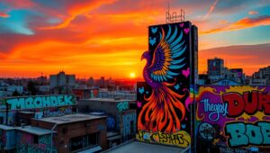 Phoenix Mural on Urban Wall – free AI stock image