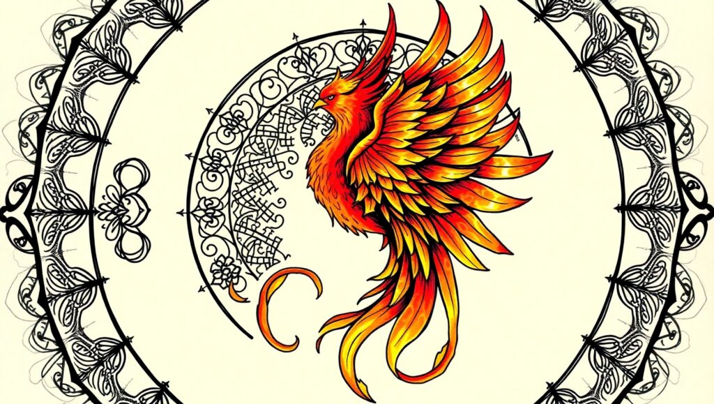 Phoenix Rising in Mandala Tattoo Art – free AI stock image