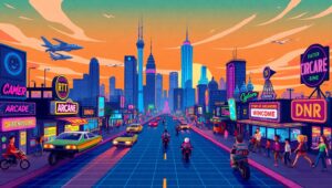 Pixel Art Sunset Cityscape Scene – free AI stock image