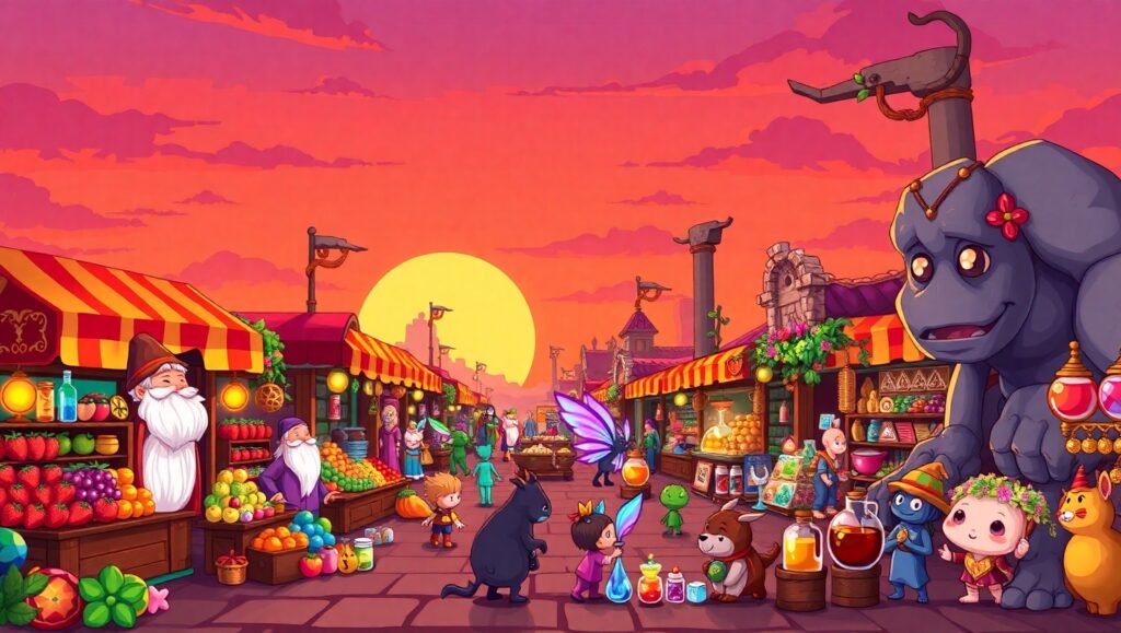 Pixelated Market Square at Sunset – free AI stock image
