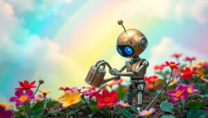 Pixelated Robot Gardener Adventure – free AI stock image