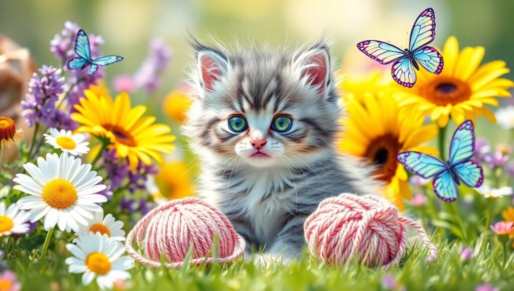 Playful Kitten in a Flower Garden u0i – free AI stock image