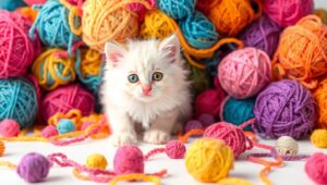 Playful Kitten with Colorful Yarns – free AI stock image