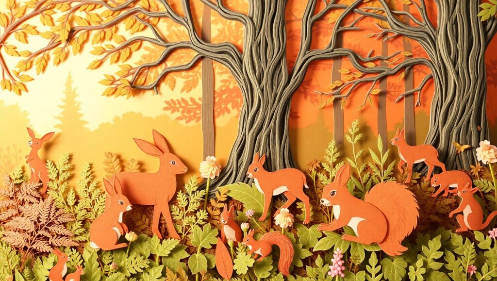 Playful Wildlife in a Paper Forest – free AI stock image