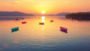 Pointillist Sunset Over Serene – free AI stock image