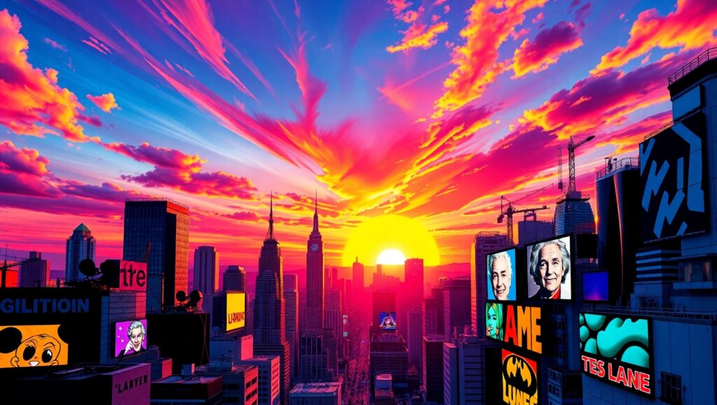 Pop Art Cityscape at Sunset – free AI stock image