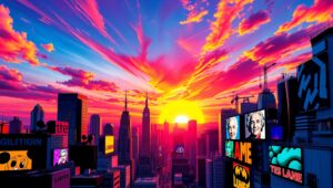Pop Art Cityscape at Sunset – free AI stock image