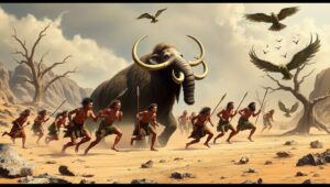 Prehistoric Hunters and Mammoths – free AI stock image