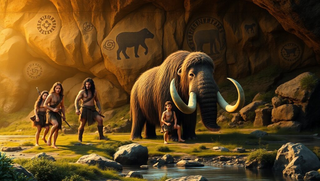 Prehistoric Mammoth Hunt in Cave Art – free AI stock image