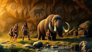 Prehistoric Mammoth Hunt in Cave Art – free AI stock image