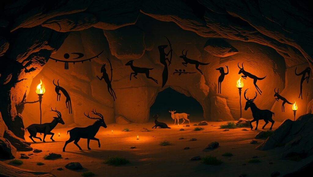 Primitive Hunt in Cave Art – free AI stock image