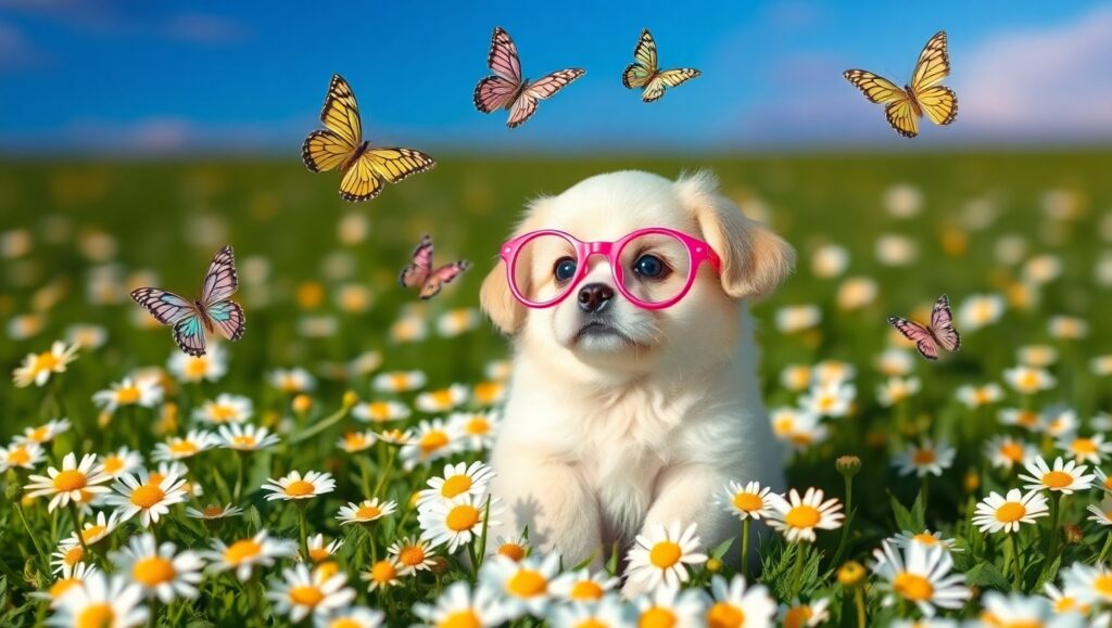 Puppy with Glasses in a Daisy Field – free AI stock image