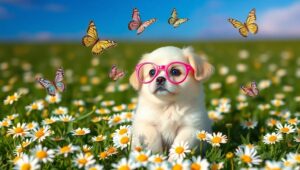 Puppy with Glasses in a Daisy Field – free AI stock image