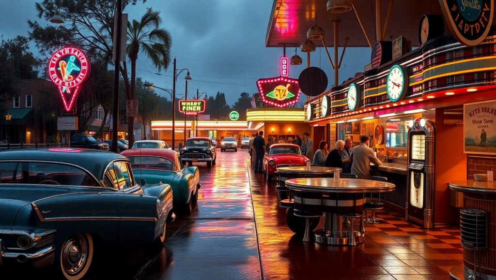 Rainy Day Retro Diner – free AI stock image