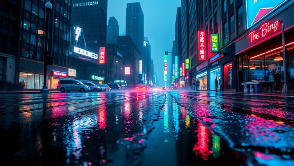 Rainy Night in a Neon City – free AI stock image