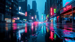 Rainy Night in a Neon City – free AI stock image