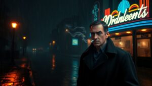 Rainy Night in Noir City – free AI stock image