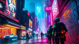 Rebels in a Neon City – free AI stock image