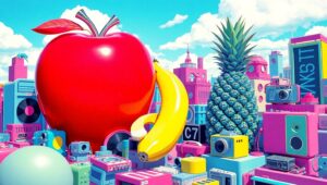 Retro Fruit Cityscape in Pop Art Style – free AI stock image