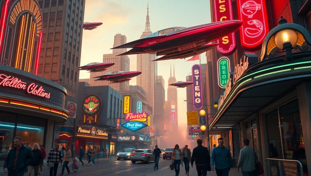 Retro Futurism City at Dusk – free AI stock image