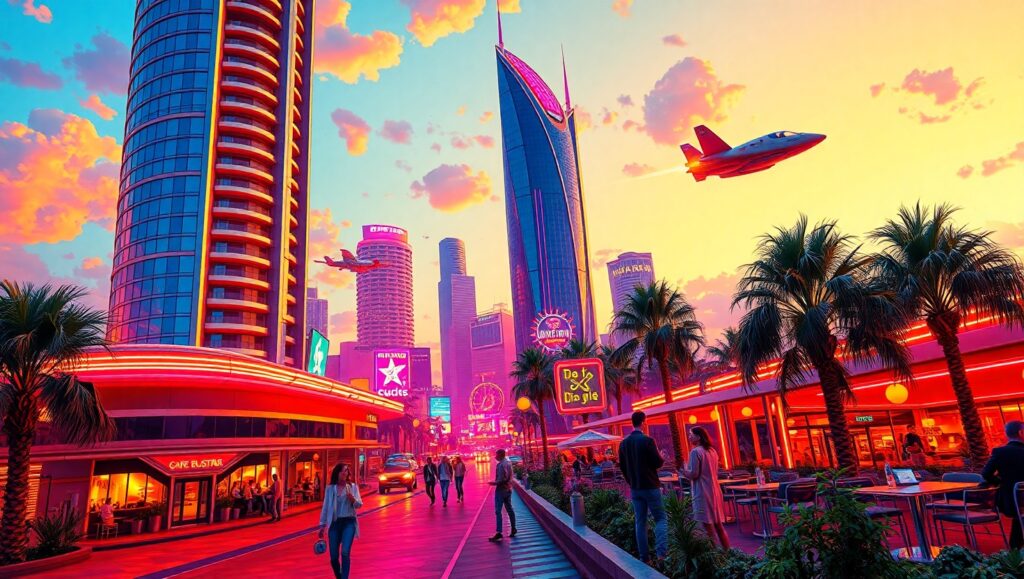 Retro Futuristic City at Sunset – free AI stock image