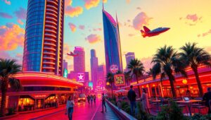 Retro Futuristic City at Sunset – free AI stock image