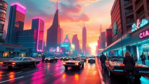 Retro Futuristic Cityscape Adventure – free AI stock image