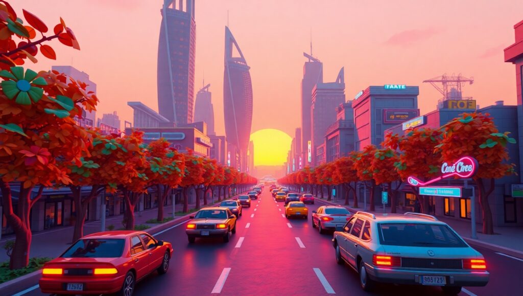 Retro-Futuristic Voxel City at Sunset – free AI stock image